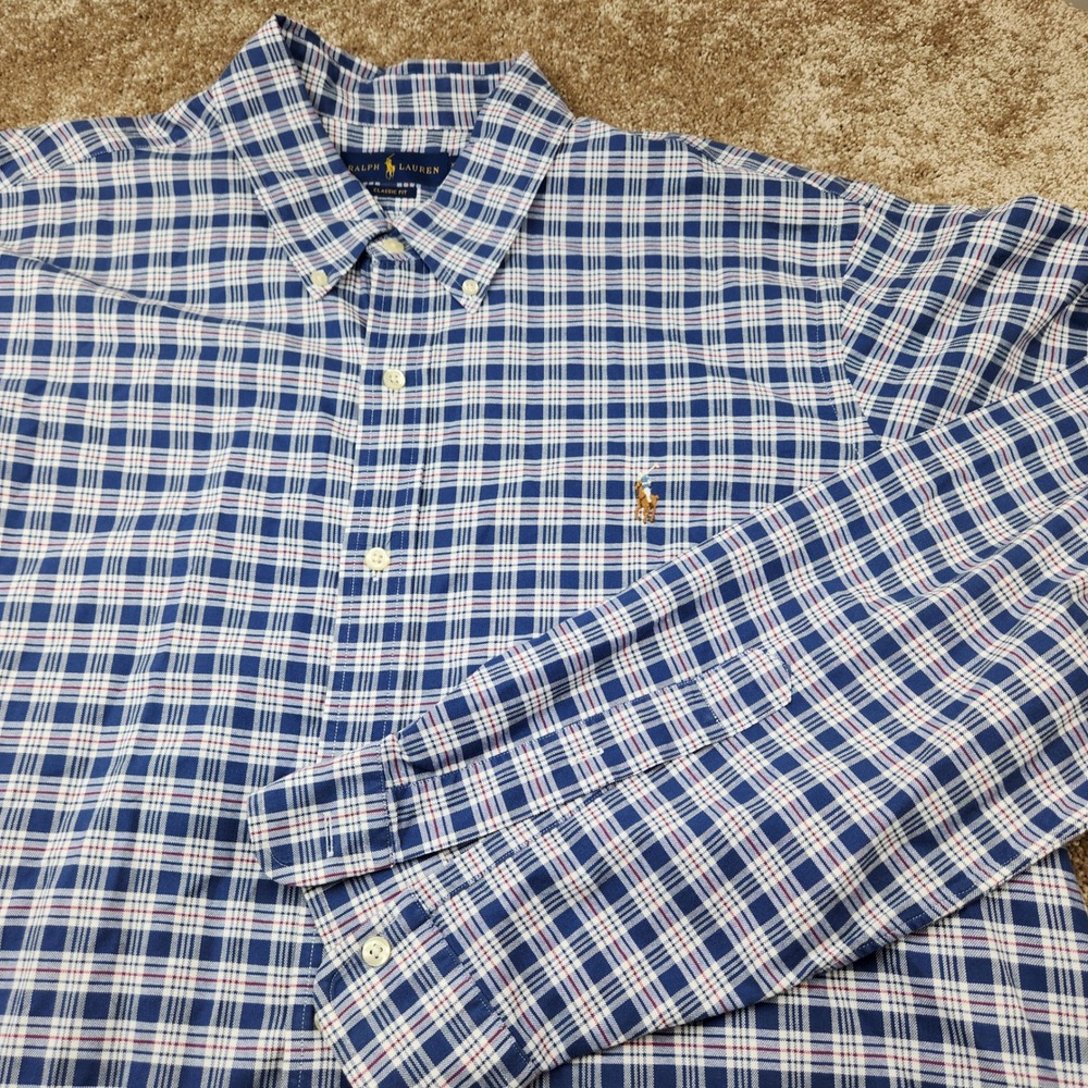 Polo Ralph Lauren Mens XXL Classic Fit Plaid Button Down Shirt Blue White Red